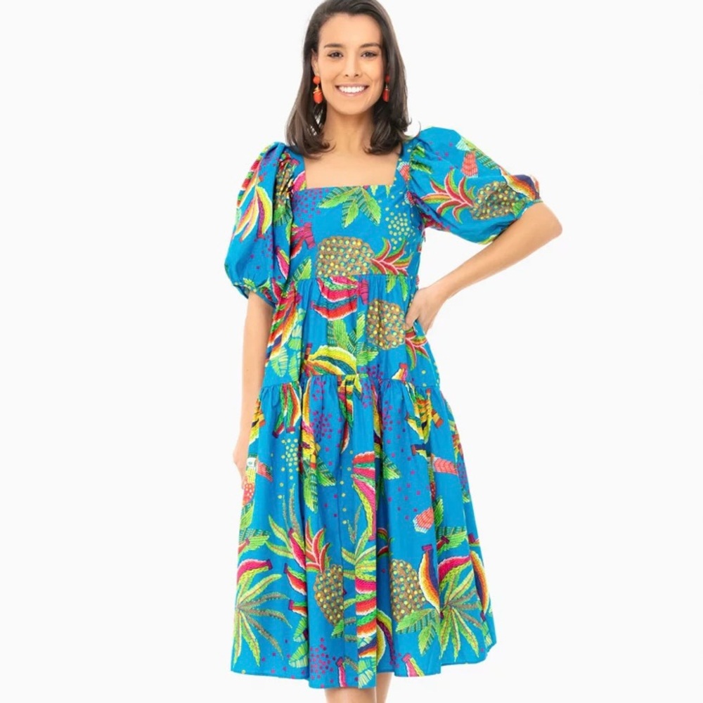 FARM Rio Blue Banana Midi Dress, Size S